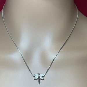 Sterling Silver Dragonfly Pendant Necklace with clear stones . 18.5 inches long